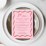 Modern Pink and Red Wavy Frame Wedding Menu<br><div class="desc">Add a vintage touch to your engagement party, rehearsal dinner, or wedding reception with this Modern Pink and Red Wavy Frame wedding menu. The design displays the couple's names, wedding date, and menu options in bold red lettering surrounded by a red wavy frame border against a pink background. The retro...</div>