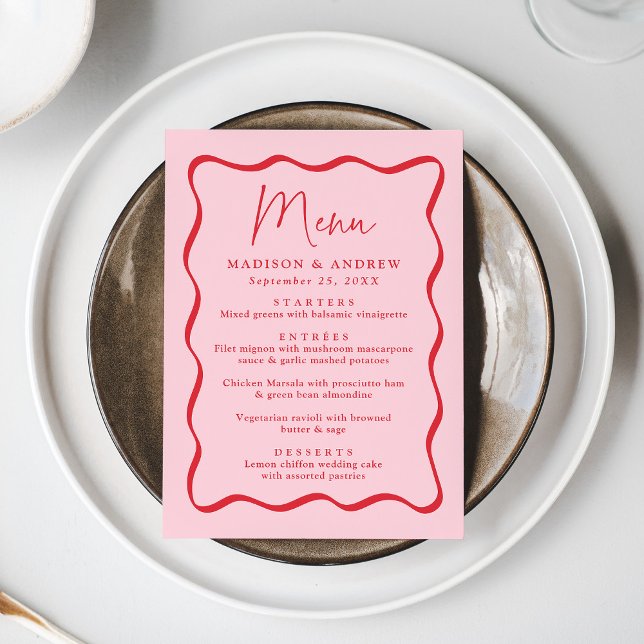 Modern Pink and Red Wavy Frame Wedding Menu (Creator Uploaded)