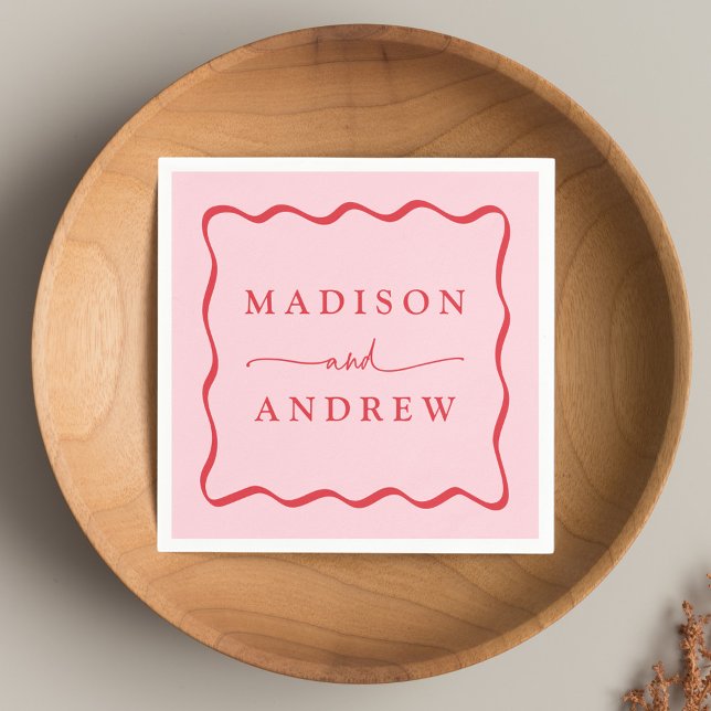 Modern Pink and Red Wavy Frame Wedding Napkin (Creator Uploaded)