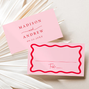 Modern Pink and Red Wavy Frame Wedding Place Card