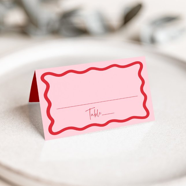 Modern Pink and Red Wavy Frame Wedding Place Card (Creator Uploaded)