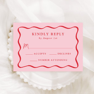 Modern Pink and Red Wavy Frame Wedding RSVP Card