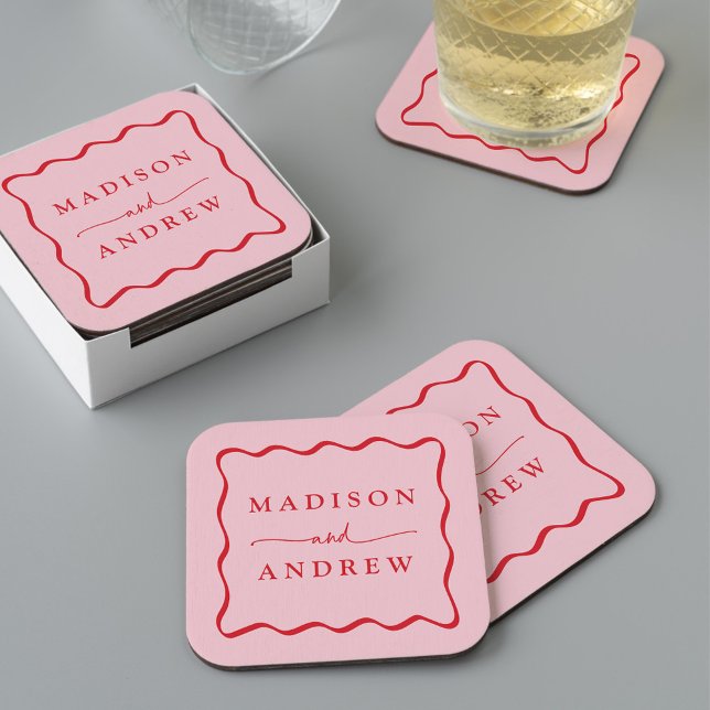Modern Pink and Red Wavy Frame Wedding Square Paper Coaster (Creator Uploaded)