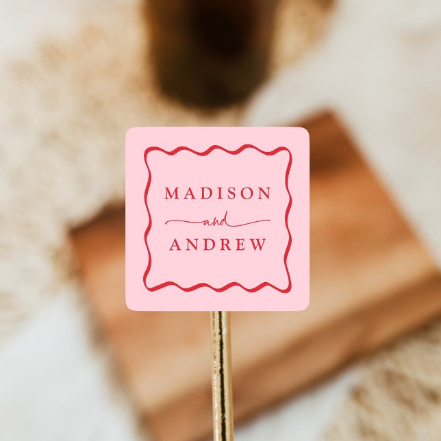 Modern Pink and Red Wavy Frame Wedding Square Sticker (Creator Uploaded)
