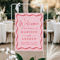 Modern Pink and Red Wavy Frame Wedding Welcome