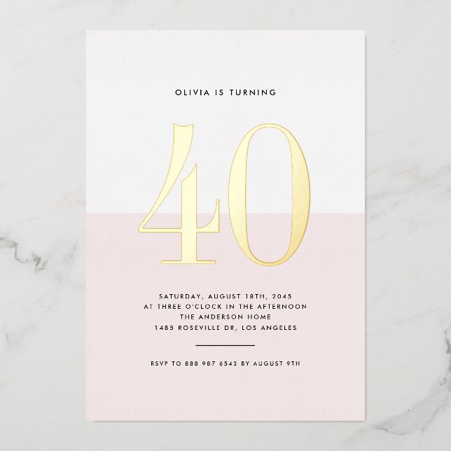 Modern Pink and White 40th Birthday Gold Foil (Front)