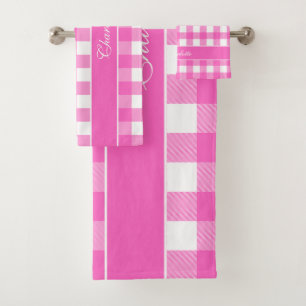 Modern Pink and White Buffalo Checks Custom Girly Bath Towel Set