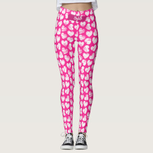 Modern Pink and White Doodled Heart Valentine Name Leggings