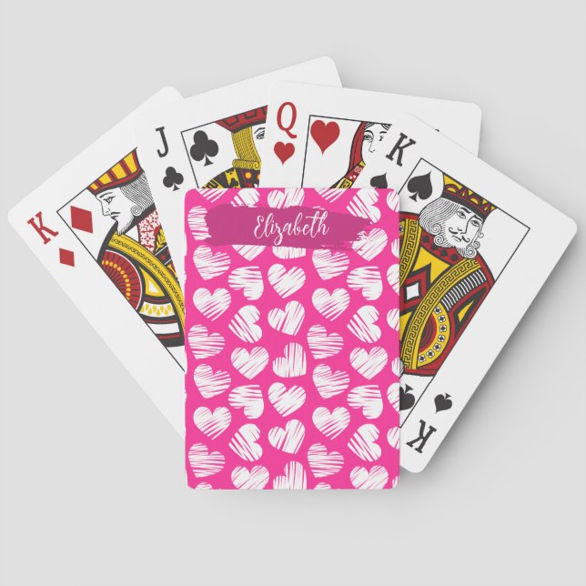 Modern Pink and White Doodled Heart Valentine Name Playing Cards (Back)