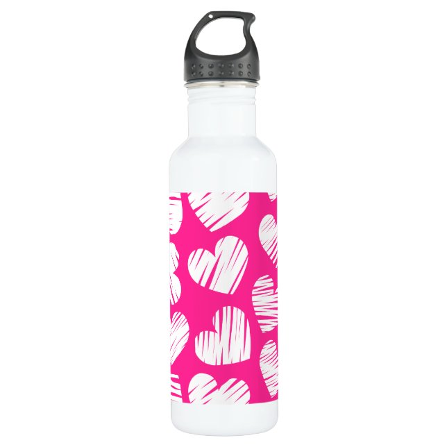 Modern Pink and White Doodled Heart Valentines Day 710 Ml Water Bottle (Front)