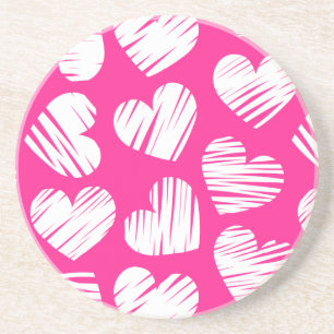 Modern Pink and White Doodled Heart Valentines Day Coaster