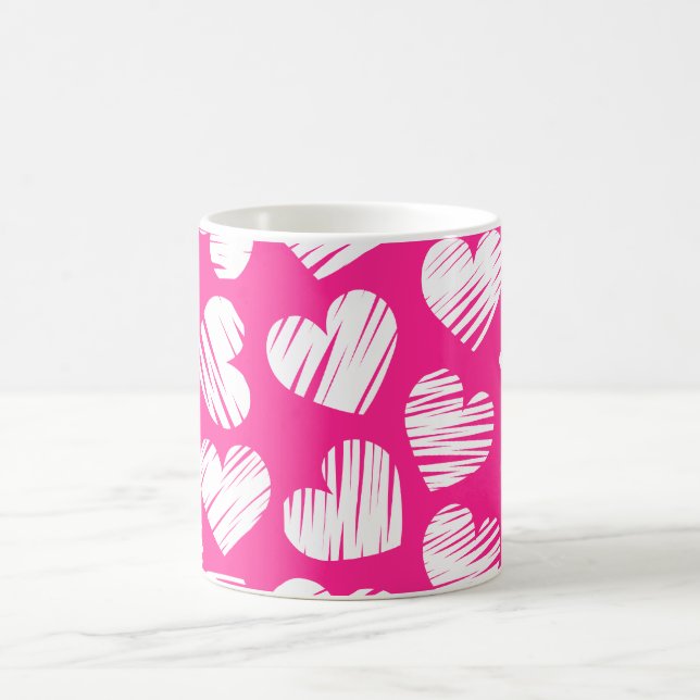 Modern Pink and White Doodled Heart Valentines Day Coffee Mug (Center)