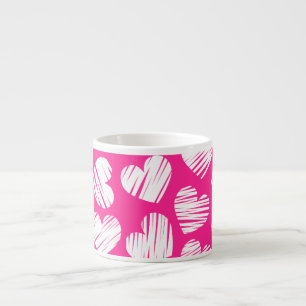 Modern Pink and White Doodled Heart Valentines Day Espresso Cup