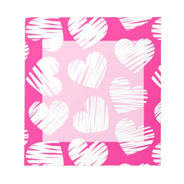 Modern Pink and White Doodled Heart Valentines Day Notepad (Front)
