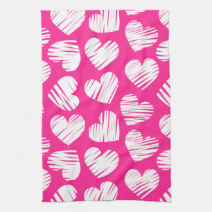 Modern Pink and White Doodled Heart Valentines Day Tea Towel