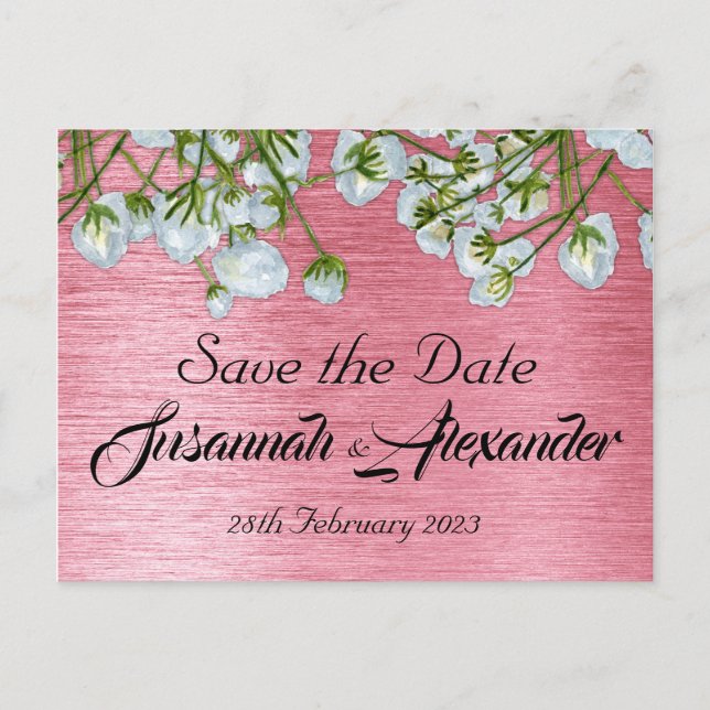 Modern Pink and White Floral Wedding Save the Date Announcement Postcard (Front)