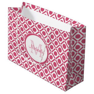 Modern Pink and White Geometric Monogram With Name Large Gift Bag