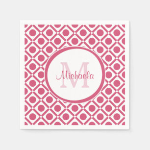 Modern Pink and White Geometric Monogram With Name Napkin