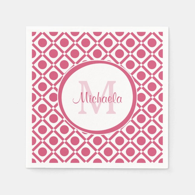 Modern Pink and White Geometric Monogram With Name Napkin (Front)