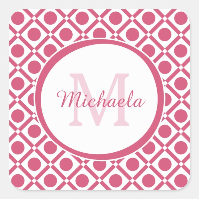 Modern Pink and White Geometric Monogram With Name Square Sticker (Front)