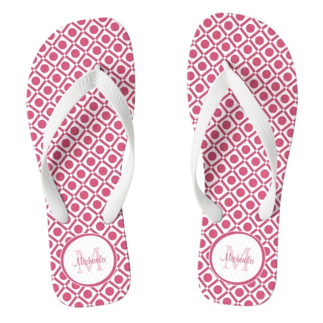 Modern Pink and White Geometric Monogram With Name Thongs (Footbed)