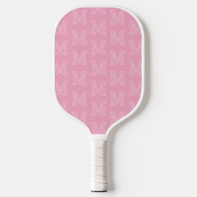 Modern Pink and White Initial Monogram Pattern Pickleball Paddle (Front)