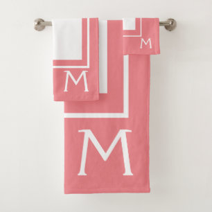 Modern Pink and White Monogram Bath Towel Set