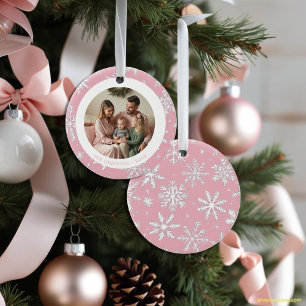 Modern Pink and White Snowflakes Photo Ceramic Ornament