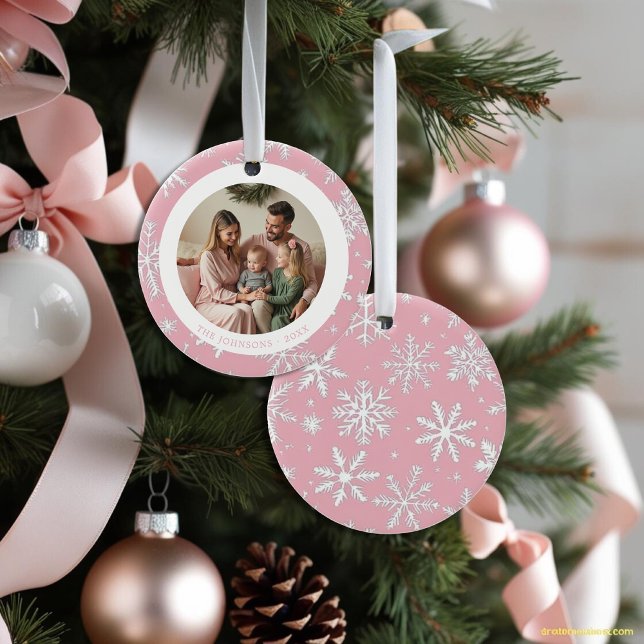 Modern Pink and White Snowflakes Photo Ceramic Ornament (Modern Pink and White Snowflakes Photo Ceramic Ornament)