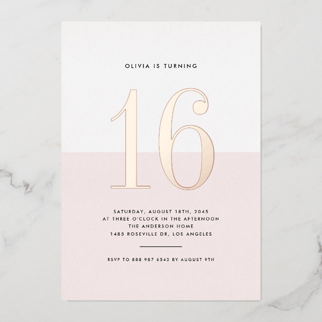 Modern Pink and White Sweet Sixteen Rose Gold Foil (Front)