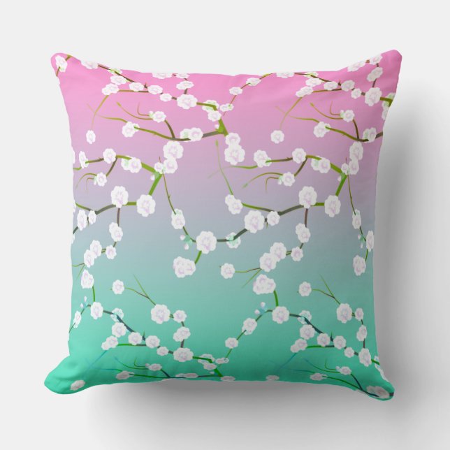 Modern pink aqua ombre cherrie blossom floral cushion (Front)