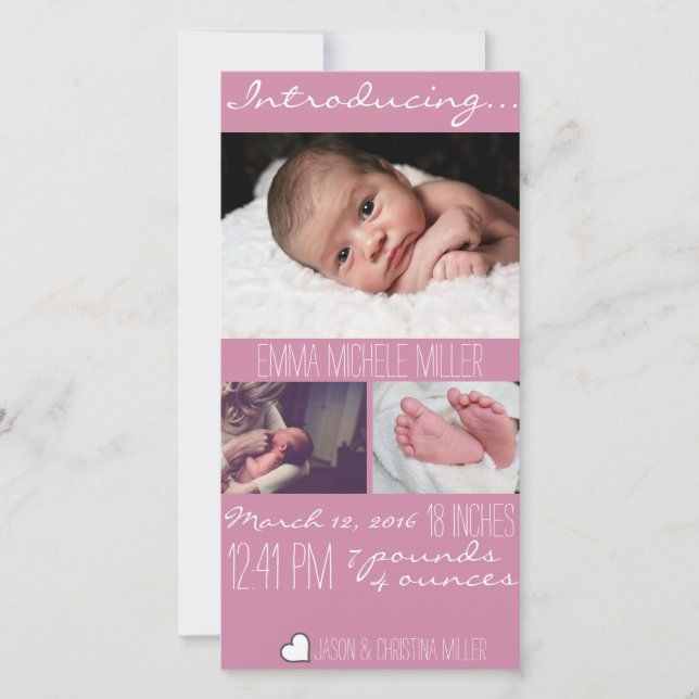 Modern Pink Baby Birth Announcement Photo Card (Front)