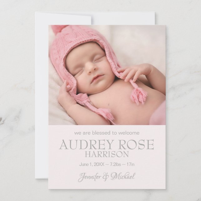 Modern Pink Baby Girl Birth Announcement (Front)