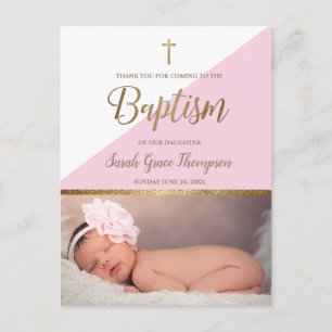 Modern Pink Baby Girl Photo Baptism Thank You Postcard