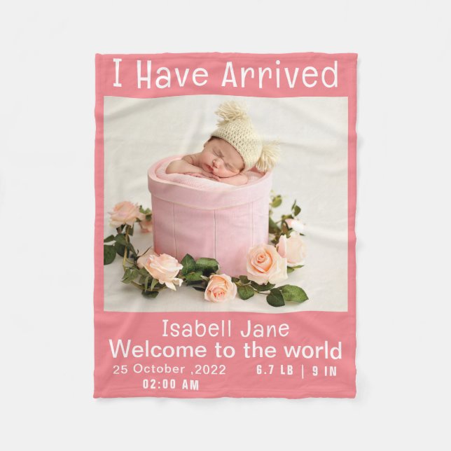 Modern Pink Baby Girl Photo Birth Announcement  Fleece Blanket (Front)