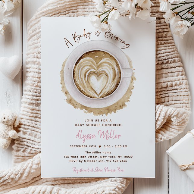 Modern Pink Baby Is Brewing Coffee Baby Shower Invitation (Creator Uploaded)