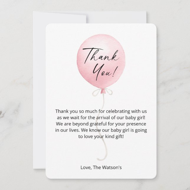 Modern Pink Balloon Baby Shower Thank You Card (Front)