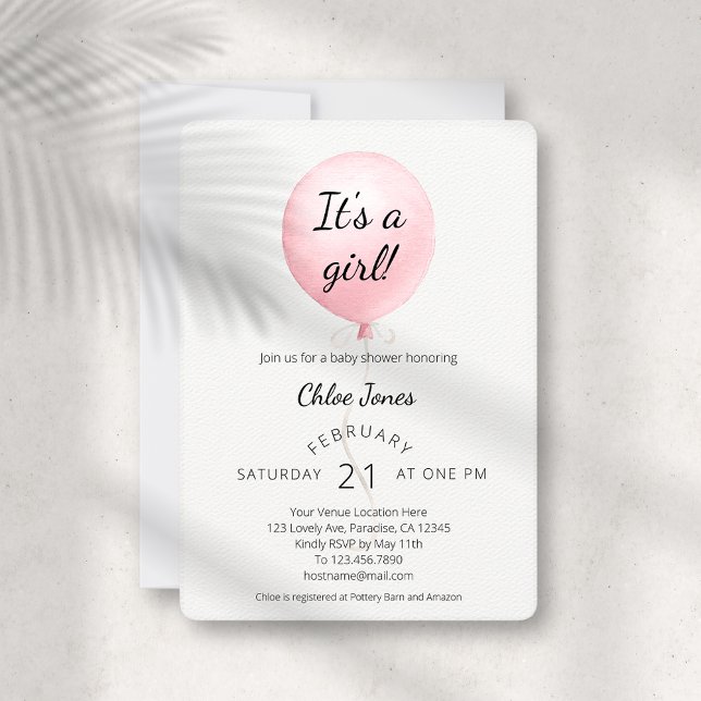Modern Pink Balloon Girl Baby Shower Invitation (Creator Uploaded)