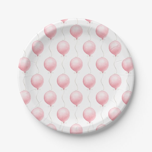 Modern Pink Balloon Girl Baby Shower Paper Plate (Front)