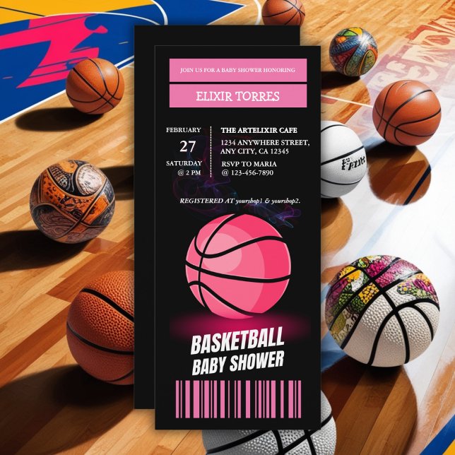 Modern Pink Basketball Ticket Ball Baby Shower Invitation (Creator Uploaded)