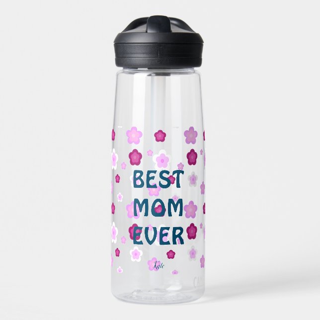 Modern pink best mum ever cute flower pattern water bottle (Front)