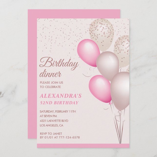 Modern Pink Birthday dinner 52nd birthday Invitation (Front/Back)