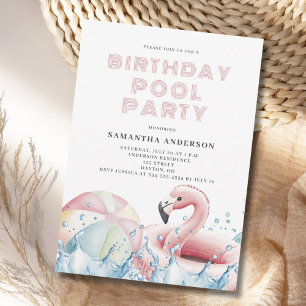 Modern Pink Birthday Pool Party Invitation