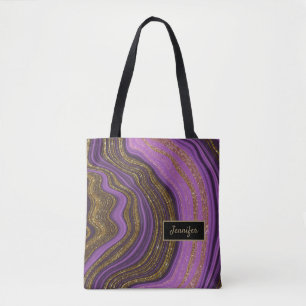 Modern Pink Black Agate Crystal Personalise Name Tote Bag