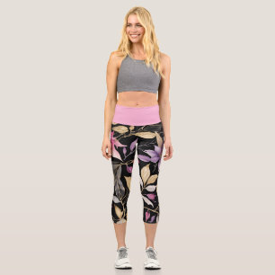 Modern Pink, Black and Gold Floral Capri Leggings