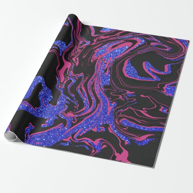 Modern Pink Black Blue Glitter Marble Pattern Wrapping Paper (Unrolled)
