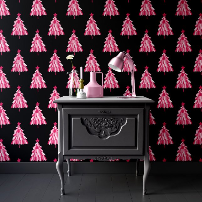 Modern Pink Black Christmas Tree Pattern Wallpaper (Modern pink and black christmas tree wallpaper, perfect for holiday decor.)