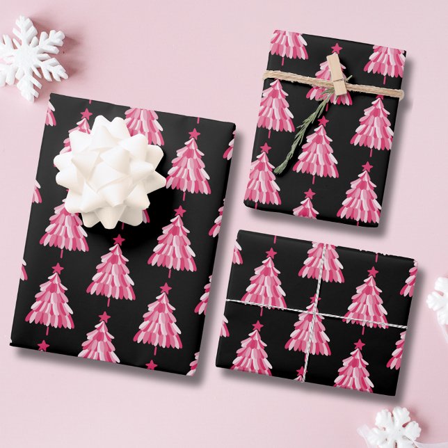 Modern Pink Black Christmas Tree Pattern Wrapping Paper Sheet (Pink woodland christmas tree holiday wrapping paper.)