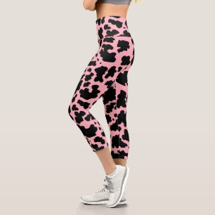 Modern Pink Black Cow Spots Print Cowgirl Capri Leggings