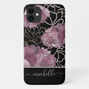 Modern Pink & Black Floral Pattern Monogrammed iPhone 11 Case